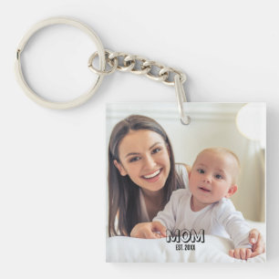 Mom Photo Minimal Black Typography Est. Year Keychain