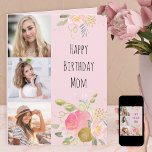 Mom Pink and Gold Feminine Floral 3 Photo Birthday Card<br><div class="desc">Say Happy Birthday Mom with a feminine floral birthday card, personalized with 3 of your favorite photos and a custom message. This pretty photo card has a watercolor flowers in pink and gold on a pink background with whimsical typography. The template is set up for you to add your pictures,...</div>