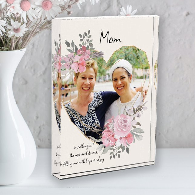 Mom Pink Floral Gold Geometric Heart Shaped Photo Block (Creator Uploaded)