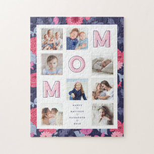 MOM Pink Letters Family Photo Collage Floral Frame Jigsaw Puzzle
