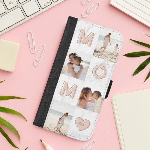MOM Pink Letters Family Photo Collage White Marble iPhone 87 Plus Wallet Case