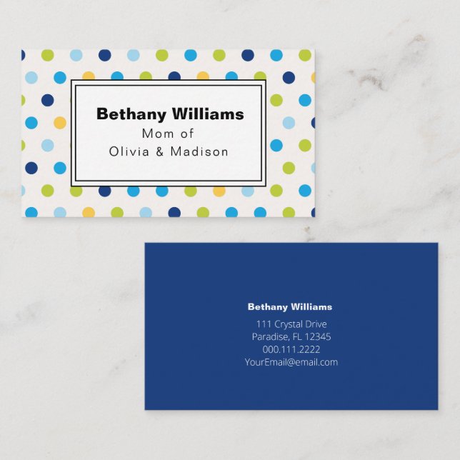 Mom Playdate Simple Blue Green Dots Calling Cards (Front/Back)