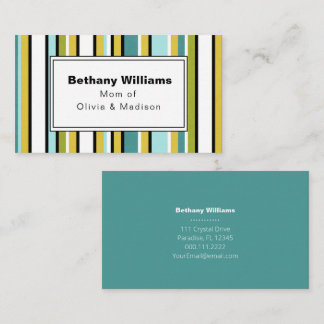 Mom Playdate Simple Blue Green Stripe Calling Card