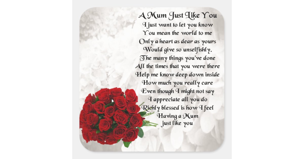 Mom Poem Red Roses Square Sticker Zazzle