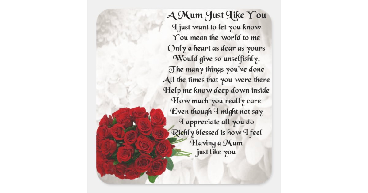 Mom Poem Red Roses Square Sticker Zazzle