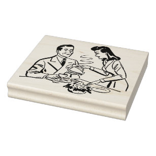 Mom Pouring Dad's Coffee Retro Art Stamp