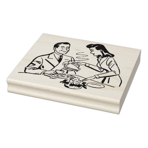 Mom Pouring Dads Coffee Retro Art Stamp