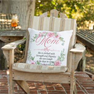 Mom - Proverbs 31:25 Mother's Day Bible Verse Rose Outdoor Pillow