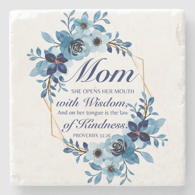 Mom - Proverbs 31:26 Mother's Day Scripture Floral Stone Coaster (Front)