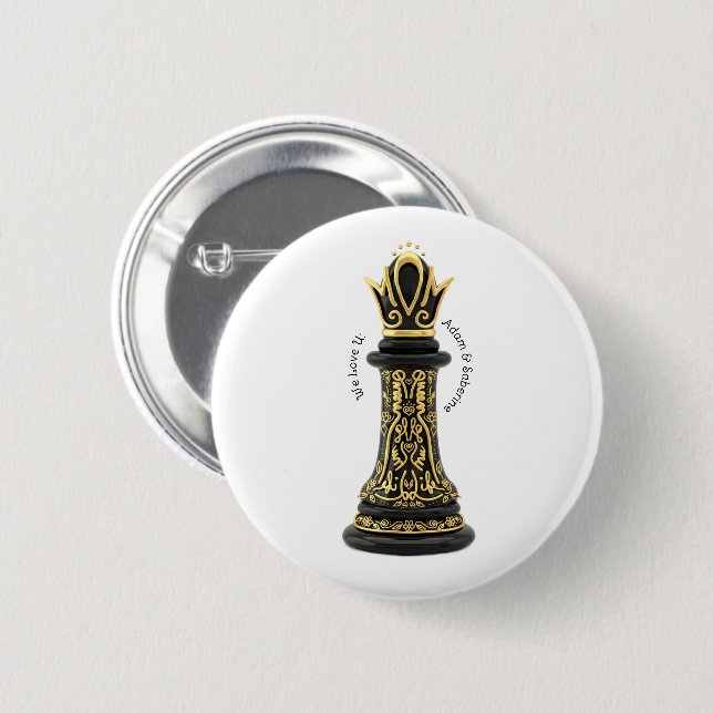 MOM Queen of my life, Golden Script Black Chess  Button (Front & Back)