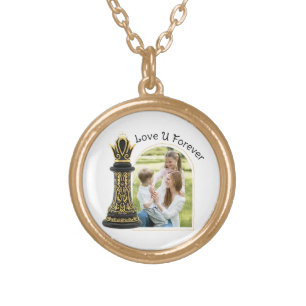 MOM Queen of my life, Golden Script Black Chess  Gold Plated Necklace