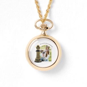 MOM Queen of my life, Golden Script Black Chess  Watch
