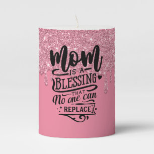 Mom Quote Pink Dripping Glitter Pillar Candle
