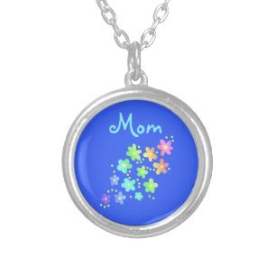 "Mom" Rainbow Flowers Silver Plated Necklace