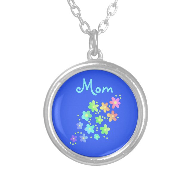 "Mom" Rainbow Flowers Silver Plated Necklace (Front)