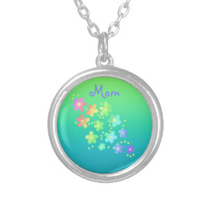 "Mom" Rainbow Flowers Silver Plated Necklace