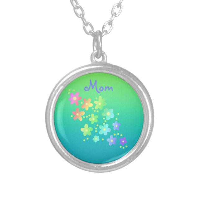 "Mom" Rainbow Flowers Silver Plated Necklace (Front)