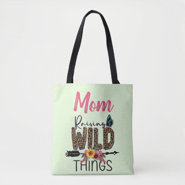 Mom Raising Wild Things Quote Funny Leopard Print Tote Bag (Front)