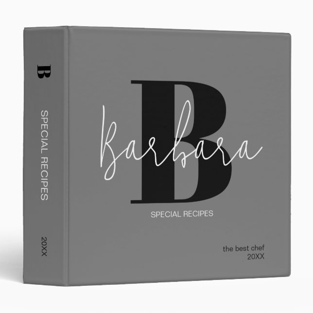 Mom Recipes Gray Modern Monogram Black 3 Ring Binder (Front/Spine)