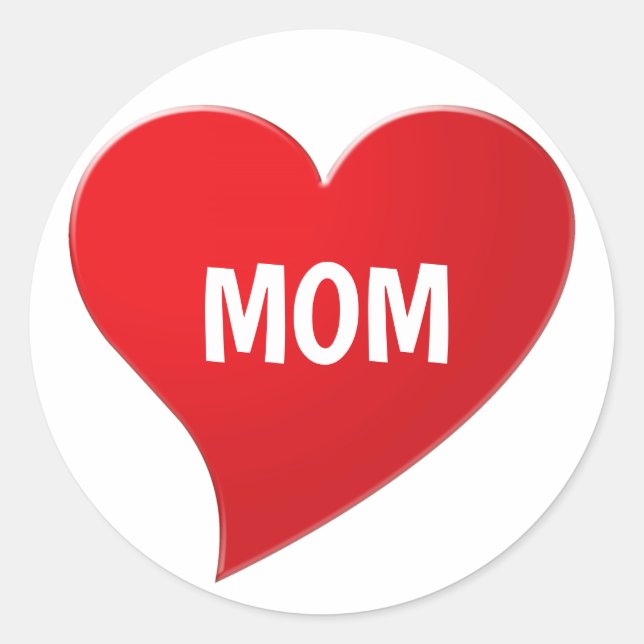 Mom, red heart white cute classic round sticker (Front)