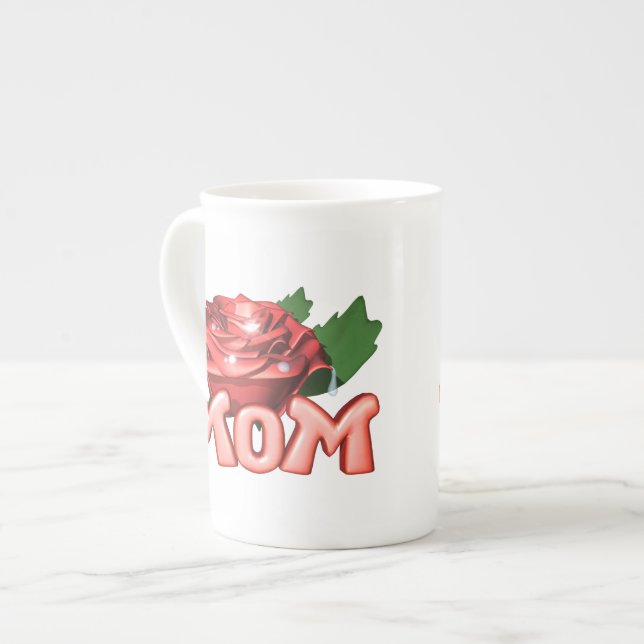 Mom & Red Rose with Dewdrops Bone China Mug (Front Left)