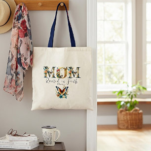 Mom rooted in faith floral butterfies tote bag