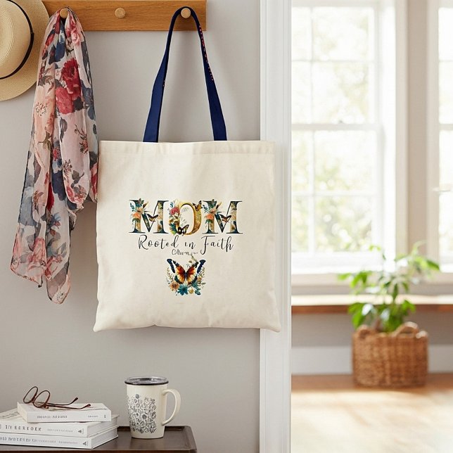 Mom rooted in faith floral butterfies tote bag (Creator Uploaded)