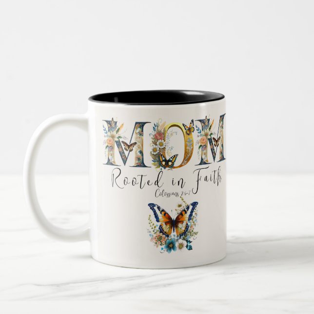 Mom rooted in faith floral butterfies Two-Tone coffee mug (Left)