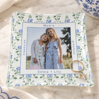 Mom’s Greatest Treasures Blue Floral Custom Photo Trinket Tray