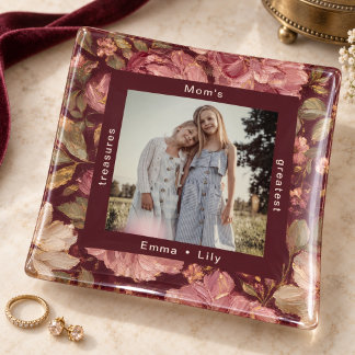Mom’s Greatest Treasures Burgundy Floral Photo Trinket Tray