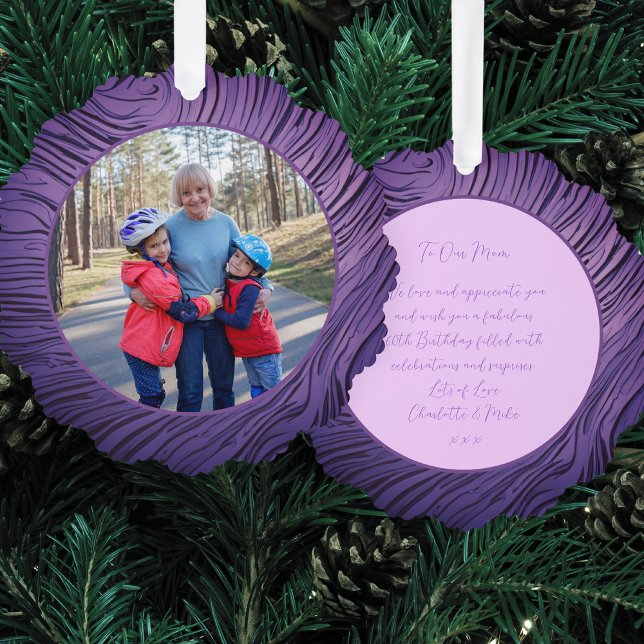 Mom Satin Purple And Pink 60th Birthday Photo Ornament Card (Front And Back)