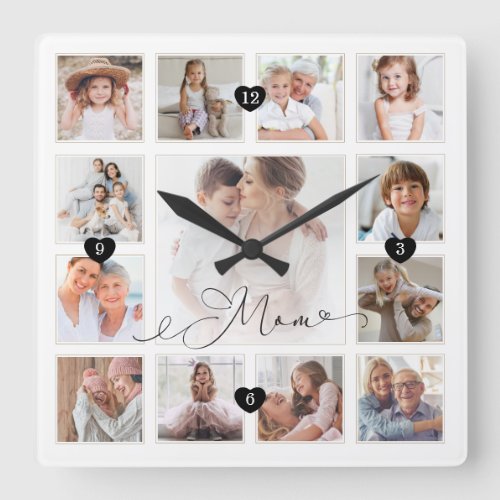 Mom Script Family Memory Photo Grid Collage Square Wall Clock