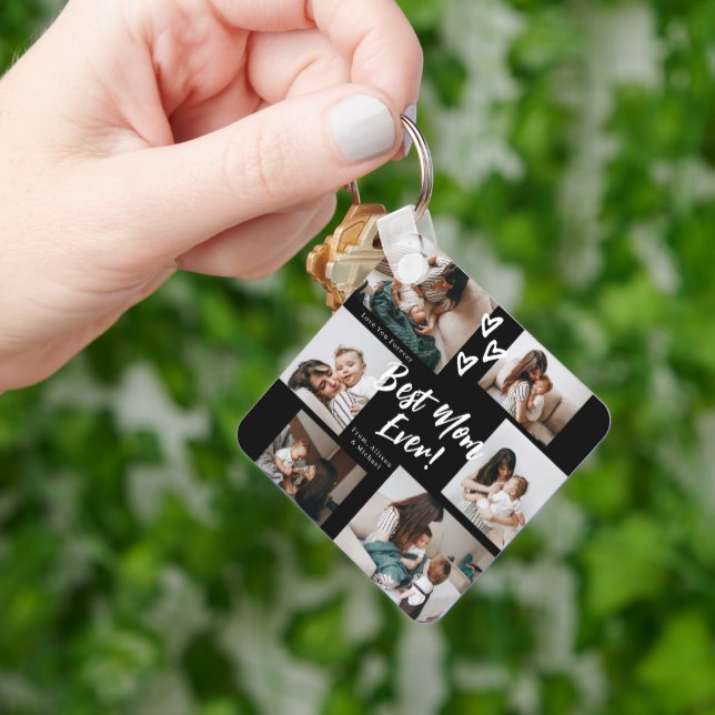 Mom Script Typography 7 Photo Collage Keychain (Hand)