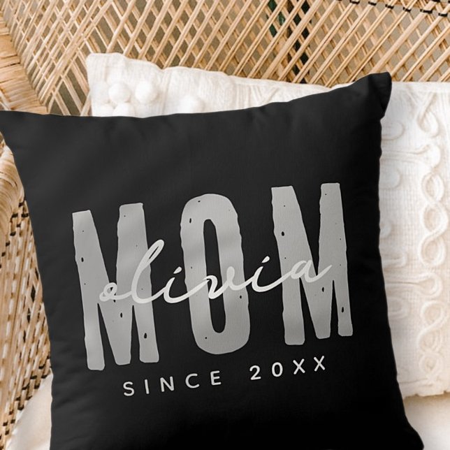 Mom Since 20XX Modern Simple Preppy Throw Pillow (Creator Uploaded)