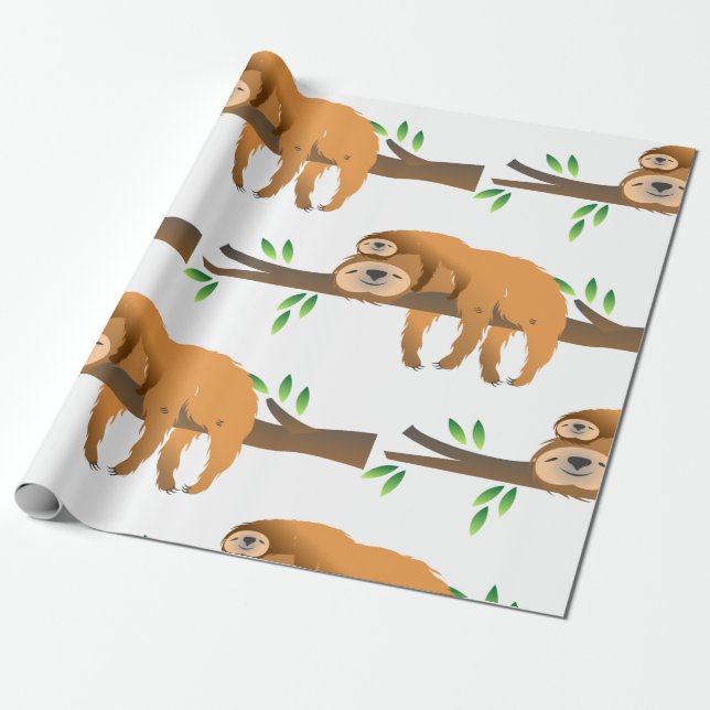 Mom Sloth and Baby Resting on a Tree Branch Wrapping Paper (Unrolled)