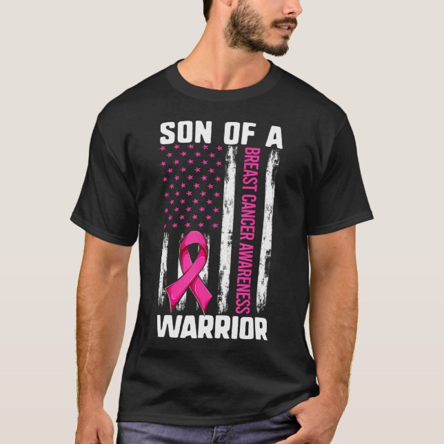 Mom Son Of A Warrior USA Flag Breast Cancer T-Shirt (Front)