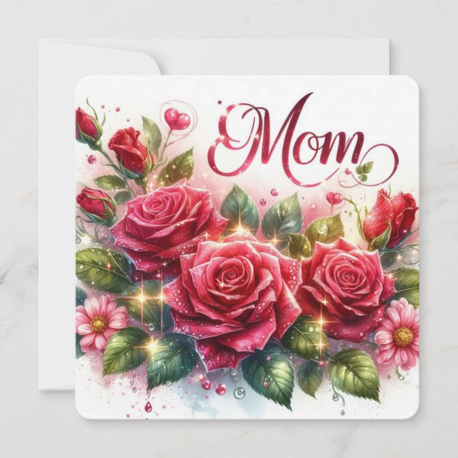 Mom Sparkling Red Roses Holiday Card (Front)