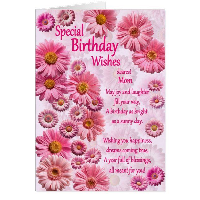 Mom Special Birthday Wishes Pink Daisies (Front)