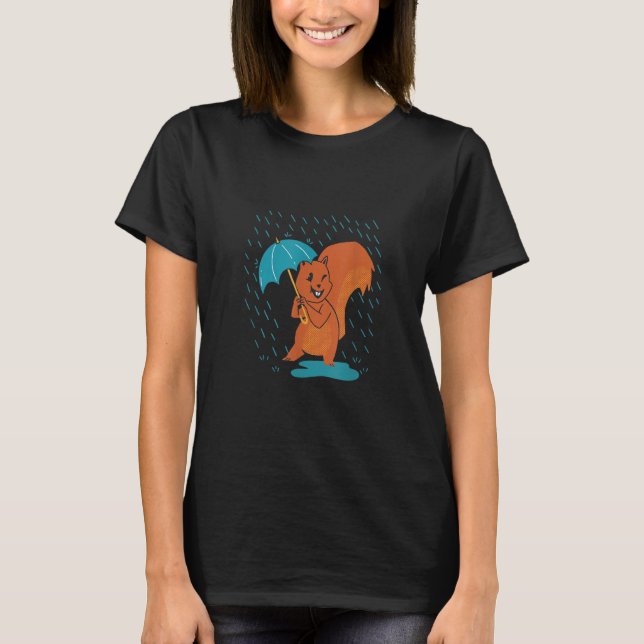 Mom Squirrel With Umbrella Under Rain   Animal Zoo T-Shirt (Front)