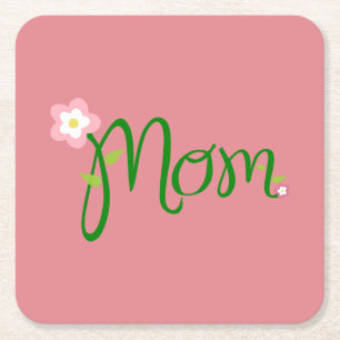 Mom Strawberry Pink Square Paper Coaster