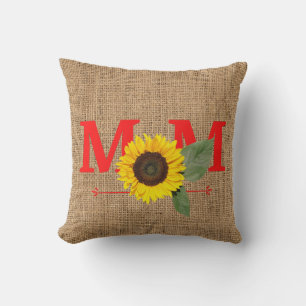 Mom Sunflower burlap print Throw Pillow