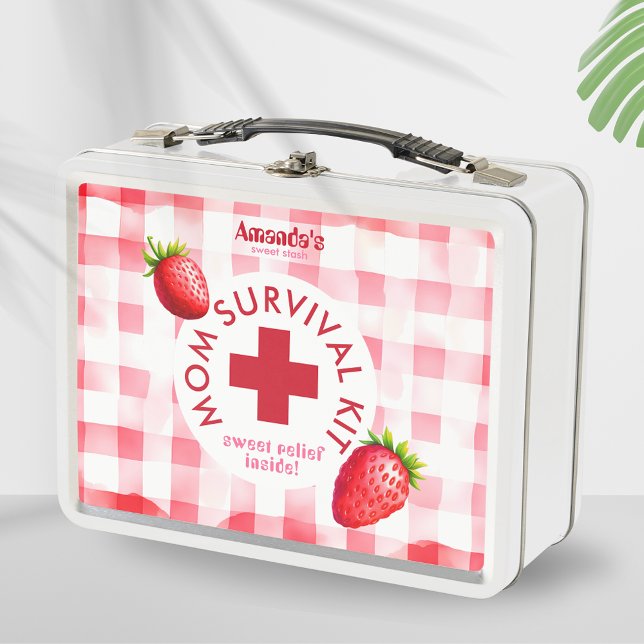 Mom Survival Kit Strawberry Gingham New Baby Gift Metal Lunch Box (Mom survival kit new baby shower gift tin box diy idea strawberry gingham mother fun retro hamper)