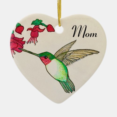 Mom Sweet Hummingbird Flowers Heart Ceramic Ornament