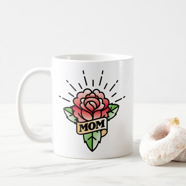 Mom Tattoo Style Rose Coffee Mug (With Donut)