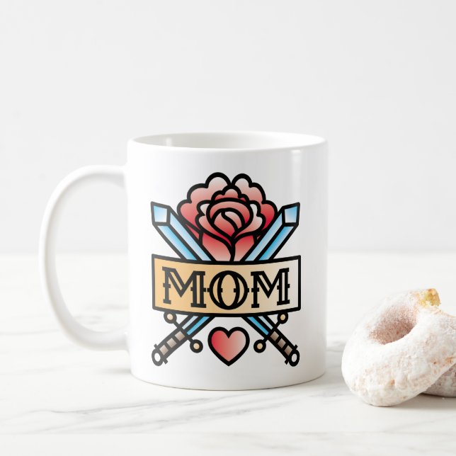 Mom Tattoo Style Rose Coffee Mug (With Donut)