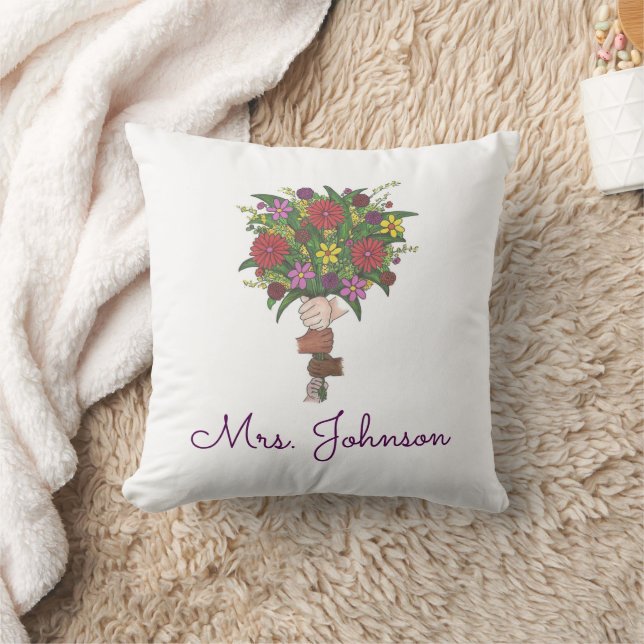 Mom Teacher Little Hands Flower Bouquet Floral Throw Pillow (Blanket)
