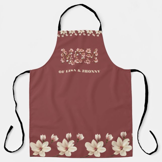  Mom Text with blossoms and Kid Names Apron (Front)