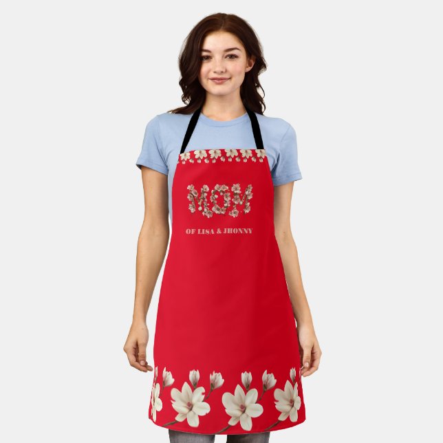  Mom Text with blossoms and Kid Names Red  Apron (Worn)
