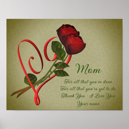 Mom Thank You Love Red Roses Heart Personalized Poster