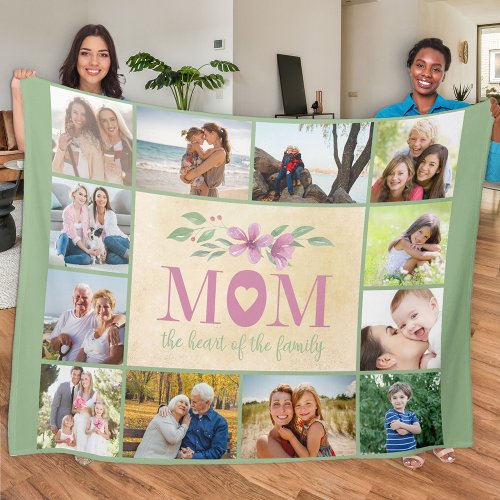 Mom the heart of the family 12 Photo Collage Green Fleece Blanket